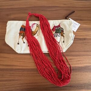 Multi Strand Orange Seed Bead Necklace in NWT Katie Cardew Cosmetic Bag